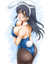 Rule 34 | 1girl, ahoge, akimoto dai, animal ears, artist name, black hair, black pantyhose, blue leotard, bow, bowtie, breasts, brown eyes, cleavage, cowboy shot, dated, detached collar, fake animal ears, from above, from behind, highres, kantai collection, large breasts, leotard, long hair, looking at viewer, looking back, one-hour drawing challenge, pantyhose, playboy bunny, rabbit ears, rabbit tail, red bow, red bowtie, solo, strapless, strapless leotard, tail, ushio (kancolle), wrist cuffs