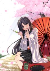 Rule 34 | 1girl, bad id, bad pixiv id, black hair, black skirt, bow, brown eyes, cherry blossoms, cup, dango, food, hair bow, hakama, hakama short skirt, hakama skirt, hanami, highres, holding, holding food, inu3, japanese clothes, kantai collection, kimono, long hair, looking at viewer, low-tied long hair, oil-paper umbrella, outdoors, parted bangs, plate, pleated skirt, red umbrella, shouhou (kancolle), sitting, skirt, tree, umbrella, wagashi, white kimono, wide sleeves