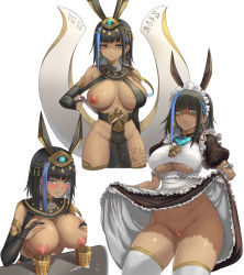 Rule 34 | 1girl, absurdres, animal ears, aqua eyes, bandaid, bandaid on pussy, black gloves, black hair, blue hair, blush, breasts, commission, contrapposto, dark-skinned female, dark skin, earrings, egyptian clothes, egyptian mythology, elbow gloves, etidekailo, from below, glaring, gloves, highres, jewelry, lactating into container, lactation, large breasts, looking at viewer, maid, maid headdress, multicolored hair, multiple views, nipples, one breast out, original, partially fingerless gloves, pelvic curtain, revealing clothes, set (mythology), shaded face, shiny skin, streaked hair, sweat, thighhighs, underboob, usekh collar, white thighhighs