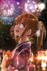 Rule 34 | 1girl, bad id, bad twitter id, blurry, bokeh, brown eyes, brown hair, depth of field, fang, fireworks, floral print, flower, hair flower, hair ornament, happy, japanese clothes, kimono, lens flare, lips, lipstick, makeup, obi, open mouth, pink lips, profile, ryouma (galley), sash, side ponytail, sidelocks, sideways mouth, solo, sparkle, teeth, upper body, yukata