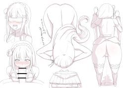 Rule 34 | 1girl, apologizing, artist request, ass, blindfold, bow, braid, breasts, elf, embarrassed, emilia (re:zero), fellatio, japanese text, long hair, looking at viewer, open mouth, oral, pointy ears, presenting, pussy juice, pussy juice drip, re:zero kara hajimeru isekai seikatsu, small breasts, translated, very long hair