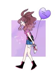 Rule 34 | 1girl, :d, bag, balloon, black bag, blush, boots, brown hair, commentary request, creatures (company), curly hair, denim, denim shorts, eyelashes, from side, full body, game freak, grey eyes, hagetapo, handbag, high ponytail, hilda (pokemon), holding, holding bag, holding string, long hair, looking at viewer, looking to the side, nintendo, open mouth, pokemon, pokemon bw, purple shirt, shirt, short shorts, short sleeves, shorts, sidelocks, smile, solo, standing, string, tongue, white bag
