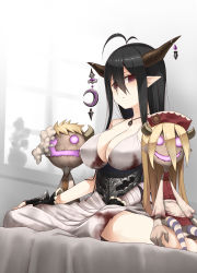 Rule 34 | 10s, 1girl, antenna hair, bandages, bandaged arm, bed, black gloves, black hair, blush, breasts, cleavage, crescent, danua, draph, dress, fingerless gloves, gloves, granblue fantasy, hair between eyes, highres, horn ornament, horns, jewelry, kamata yuuya, large breasts, long hair, looking at viewer, necklace, pointy ears, red eyes, sitting, solo, stuffed toy, wariza, white dress