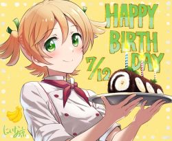 Rule 34 | 1girl, banana, banana slice, birthday cake, blonde hair, blush, buttons, cake, candle, chef, closed mouth, commentary, daiba nana, dated, double-breasted, fingernails, food, fruit, green eyes, green ribbon, hair between eyes, hair ribbon, hands up, happy birthday, holding, holding tray, looking at viewer, neckerchief, niina ryou, red neckerchief, ribbon, short hair, short sleeves, short twintails, shoujo kageki revue starlight, sleeves rolled up, smile, solo, sparkle background, tray, twintails, upper body, yellow background