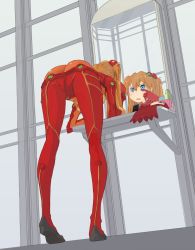 Rule 34 | 00s, 1girl, ass, bent over, blue eyes, bodysuit, brown hair, butt crack, doll, evangelion: 2.0 you can (not) advance, from behind, full body, highres, huge ass, legs, long hair, long legs, mirror, neon genesis evangelion, orange hair, pinzu, plugsuit, rebuild of evangelion, reflection, see-through, see-through bodysuit, skin tight, solo, souryuu asuka langley, standing, test plugsuit, tiptoes, twintails, wide hips