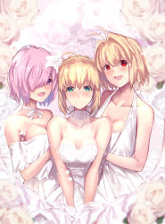 Rule 34 | 3girls, ahoge, alternate costume, arcueid brunestud, artoria pendragon (all), artoria pendragon (fate), bare shoulders, blonde hair, blush, braid, breasts, cleavage, closed mouth, collarbone, fate/grand order, fate/stay night, fate (series), french braid, green eyes, hair intakes, hair over one eye, highres, large breasts, light purple hair, long hair, looking at viewer, mash kyrielight, medium breasts, multiple girls, open mouth, purple eyes, red eyes, saber (fate), short hair, smile, tsukihime, type-moon, untue