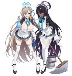 Rule 34 | 2girls, 5uj0, absurdres, ahoge, apron, asuna (blue archive), asymmetrical bangs, black footwear, black hair, black shirt, black skirt, blue archive, blue eyes, blush, bottle, bow, bowtie, breasts, brown hair, bucket, cleavage, closed mouth, collared shirt, dark-skinned female, dark skin, framed breasts, full body, garter straps, gloves, grin, halo, high heels, highres, holding, holding bottle, holding mop, holding towel, karin (blue archive), large breasts, long hair, maid, maid apron, maid headdress, miniskirt, mole, mole on breast, mop, multiple girls, pantyhose, pleated skirt, shirt, sidelocks, simple background, skirt, smile, spray bottle, standing, strappy heels, thighhighs, towel, very long hair, white background, white gloves, white pantyhose, white thighhighs, yellow eyes