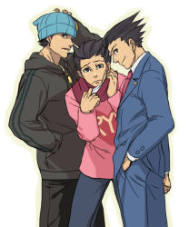 Rule 34 | 3boys, alternate costume, beanie, black hair, capcom, costume chart, formal, ace attorney, phoenix wright: ace attorney - trials and tribulations, apollo justice: ace attorney, hat, male focus, miyata souji, multiple boys, multiple persona, phoenix wright, suit, time paradox