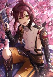 Rule 34 | 1boy, armpits, bishounen, book, cherry blossoms, cowboy shot, genshin impact, green eyes, highres, japanese clothes, looking at viewer, male focus, mole under each eye, mole under eye, multiple moles, on roof, outdoors, red hair, rooftop, shikanoin heizou, short hair, sitting, smile, solo, su34ma