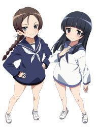 Rule 34 | 2girls, anime coloring, black eyes, black hair, blunt bangs, blush, braid, brave witches, brown hair, collarbone, commentary, freckles, from above, green eyes, hair ribbon, hand on own chest, hands on own hips, highres, kaneko (novram58), long hair, looking at viewer, looking up, misumi miya, multiple girls, ribbon, school uniform, serafuku, simple background, smile, strike witches, trait connection, twin braids, white background, world witches series, yamakawa michiko