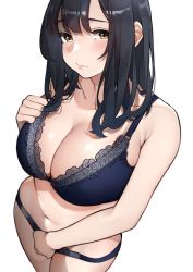Rule 34 | 1girl, bare arms, bare shoulders, black hair, blue bra, blue panties, blush, bra, breasts, cleavage, closed mouth, collarbone, commentary request, cowboy shot, from above, hand on own chest, hand up, large breasts, long hair, looking at viewer, mature female, navel, original, panties, sakura no tomoru hi e, simple background, solo, standing, stomach, underwear, underwear only, white background, yellow eyes