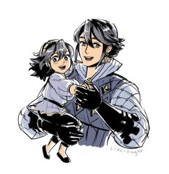 Rule 34 | 1boy, 1girl, carrying, child carry, father and daughter, fire emblem, fire emblem fates, full body, gloves, holding hands, laslow (fire emblem), looking at viewer, nintendo, simple background, smile, soleil (fire emblem), white background