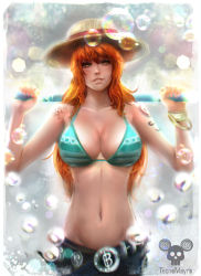 Rule 34 | 1girl, artist name, bangle, bare shoulders, bikini, bikini top only, bracelet, breasts, collarbone, cowboy shot, denim, eyelashes, green bikini, groin, hands up, hat, hat ribbon, highres, jeans, jewelry, large breasts, long hair, looking at viewer, matching hair/eyes, nami (one piece), navel, nose, one piece, orange eyes, orange hair, over shoulder, pants, parted lips, pink lips, red ribbon, ribbon, skull and crossbones, smile, solo, staff, stomach, straw hat, swimsuit, tattoo, tecnomayro, water drop, weapon, weapon over shoulder