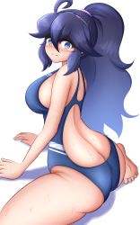 Rule 34 | 1girl, absurdres, artist name, ass, blue eyes, butt crack, competition swimsuit, creatures (company), game freak, hex maniac (pokemon), highres, kiteman442, nintendo, one-piece swimsuit, pokemon, pokemon xy, swimsuit, white background