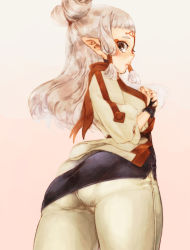 Rule 34 | 1girl, ass, breasts, brown eyes, hair ornament, highres, lips, long hair, looking at viewer, looking back, nintendo, pants, pantyhose, pantylines, paya (zelda), pointy ears, small breasts, solo, standing, suzuhiro, the legend of zelda, the legend of zelda: breath of the wild, turtleneck, white hair, white pantyhose