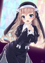 Rule 34 | 1girl, :d, absurdres, artist name, black dress, blue eyes, blush, bow, brown hair, dress, fang, habit, hands up, highres, indoors, leaning forward, long hair, long sleeves, looking at viewer, natsumiya yuzu, nun, open mouth, original, own hands together, puffy long sleeves, puffy sleeves, smile, solo, stained glass, standing, very long hair, watermark, white bow