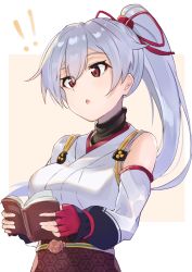 Rule 34 | !, !!, :o, black undershirt, book, breasts, commentary request, detached sleeves, fate/grand order, fate (series), gloves, hair between eyes, hair ribbon, highres, holding, holding book, large breasts, long hair, mitsudomoe (shape), obi, ponytail, reading, red eyes, red gloves, red ribbon, ribbon, sash, silver hair, single detached sleeve, solo, tapioka (oekakitapioka), tomoe (symbol), tomoe gozen (fate), turtleneck, white background