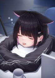 Rule 34 | 1girl, absurdres, animal ears, black hair, black jacket, blue archive, blush, cat ears, closed eyes, colored inner hair, cup, extra ears, hair ornament, hairclip, highres, hood, hood down, hooded jacket, jacket, kazusa (blue archive), long sleeves, mogurii, multicolored hair, pink hair, short hair, sleeping, solo, tongue, tongue out