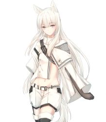 Rule 34 | 1girl, animal ears, arknights, black footwear, black gloves, boots, chinese commentary, commentary request, cowboy shot, gloves, high collar, highres, horse ears, long hair, long sleeves, looking at viewer, midriff, minuo, navel, platinum (arknights), shirt, short shorts, shorts, silver hair, simple background, smile, solo, standing, tail, thigh boots, thighhighs, transparent background, very long hair, white background, white shirt, white shorts, wide sleeves, yellow eyes