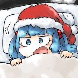 Rule 34 | angry, bed, blanket, hat, kawashiro nitori, pillow, santa hat, touhou, yaise