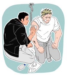 Rule 34 | 2boys, aikawa (dorohedoro), anger vein, annoyed, applying bandaid, bandaid, bandaid on arm, bara, clothes around waist, colored tips, couple, dorohedoro, facial mark, from above, frown, full body, greyscale, male focus, medium sideburns, monochrome, multicolored hair, multiple boys, no eyebrows, nursing, open jumpsuit, risu (dorohedoro), sasaki (ssk p3), sitting, sweatdrop, thick eyebrows, toned, toned male, translation request, trembling, turn pale, two-tone hair, v-shaped eyes, yaoi