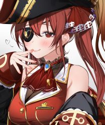 Rule 34 | 1girl, absurdres, ascot, bare shoulders, black choker, black coat, blouse, blush, bodystocking, breasts, buttons, choker, coat, crop top, embroidery, eyepatch, finger to mouth, frilled choker, frills, gold trim, hair ribbon, hat, highres, hololive, houshou marine, large breasts, leotard, leotard under clothes, long hair, looking at viewer, off shoulder, pirate costume, red ascot, red eyes, red hair, red ribbon, red shirt, ribbon, see-through, see-through leotard, shirt, sleeveless, smile, solo, twintails, virtual youtuber, xretakex