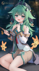 Rule 34 | 1girl, ahoge, animal ears, artist name, bare shoulders, black hat, chinese clothes, flag, fox ears, fox girl, green eyes, green hair, hat, highres, honkai: star rail, honkai (series), huohuo (honkai: star rail), icwine, long hair, long sleeves, looking at viewer, on ground, open mouth, paw-shaped pupils, scared, shorts, sitting, socks, solo, symbol-shaped pupils, yin yang, yin yang hair ornament, yokozuwari