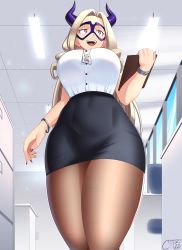 Rule 34 | 1girl, 2022, absurdres, alternate costume, blonde hair, blue sky, boku no hero academia, bracelet, breasts, castell, clipboard, desk, domino mask, highres, horns, jewelry, lips, long hair, mask, mount lady, nail polish, office, office lady, pantyhose, perspective, platinum blonde hair, purple eyes, purple horns, purple mask, red nails, shiny clothes, shirt, signature, skirt, sky, sleeveless, sleeveless shirt, solo, thick thighs, thighs, watch, white shirt, window, wristwatch