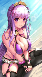 Rule 34 | 10s, 1girl, absurdres, bare shoulders, bb (fate), bb (fate) (all), bb (swimsuit mooncancer) (fate), bb (swimsuit mooncancer) (second ascension) (fate), beach, belt, bikini, black garter belt, black gloves, black thighhighs, blush, bracelet, breasts, butterfly sitting, cleavage, closed mouth, commentary request, day, fate/extra, fate/grand order, fate (series), fingerless gloves, from above, garter belt, gloves, hair ornament, hair ribbon, hairband, highres, jewelry, large breasts, long hair, looking at viewer, micro shorts, nail polish, nano (syoutamho), ocean, outdoors, purple bikini, purple eyes, purple hair, purple ribbon, ribbon, sand, shorts, sitting, smile, solo, star (symbol), star hair ornament, studded garter belt, swimsuit, thighhighs, v arms, very long hair, water