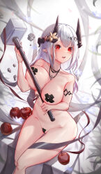 Rule 34 | 1girl, absurdres, annasui factory, apple, arknights, bandaid, bandaid on pussy, bandaids on nipples, blush, breasts, earrings, food, fruit, grey hair, highres, holding, holding weapon, horns, jewelry, large breasts, long hair, looking at viewer, mudrock (arknights), multiple necklaces, nude, open mouth, pasties, pointy ears, red apple, red eyes, sitting, solo, weapon