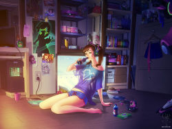Rule 34 | 1girl, :d, alternate hairstyle, arm support, bare shoulders, barefoot, black-framed eyewear, blue coat, blue gloves, blue shirt, blue skirt, bodysuit, book, bookshelf, bottle, box, breasts, brown eyes, brown hair, cable, cassidy (overwatch), cellphone, charm (object), chips (food), coat, comic, computer, controller, cup, d.va (gremlin), d.va (overwatch), doritos, dreadlocks, drinking, electric plug, electrical outlet, facepaint, facial mark, figure, food, fur-trimmed coat, fur jacket, fur trim, game console, game controller, gamepad, ganymede (overwatch), glass bottle, glasses, gloves, goggles, grin, groin, gun, hair brush, handgun, handheld game console, headphones, heart, heart print, holding, holding bottle, holding removed eyewear, indoors, jacket, julia lichty, leaning back, lips, long hair, lucio (overwatch), medium breasts, mei (overwatch), mercy (overwatch), necktie, off shoulder, open mouth, overwatch, overwatch 1, pencil, pencil case, phone, photo (object), pink lips, pink necktie, pleated skirt, poster (object), scissors, see-through, shirt, short shorts, short sleeves, shorts, sidelocks, signature, sitting, skirt, smartphone, smile, solo, spread wings, stuffed animal, stuffed octopus, stuffed toy, twintails, unworn eyewear, v, visor, wardrobe, wariza, watermark, weapon, web address, whisker markings, wings
