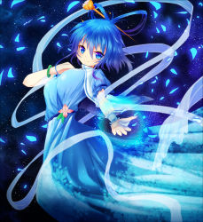 Rule 34 | 1girl, bangle, blue dress, blue eyes, blue hair, blush, bracelet, breasts, closed mouth, dress, floral print, flower, hair ornament, hair rings, hair stick, jewelry, kaku seiga, large breasts, looking at viewer, matching hair/eyes, outstretched arm, petals, shawl, smile, solo, star (symbol), starry background, touhou, wrist cuffs, z.o.b
