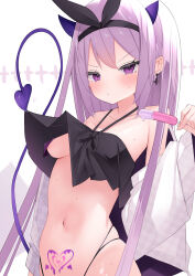 Rule 34 | 1girl, bare shoulders, bikini, black bikini, blush, breasts, cisyo, closed mouth, collarbone, commentary request, demon girl, demon horns, demon tail, food, halterneck, highres, holding, holding food, horns, jacket, long hair, looking at viewer, medium breasts, navel, open clothes, open jacket, original, popsicle, pubic tattoo, purple eyes, purple hair, solo, sweat, swimsuit, tail, tattoo, v-shaped eyebrows, very long hair, white background, white jacket