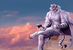 Rule 34 | 1boy, animal ears, arknights, bara, book, claws, cloud, cloudy sky, commentary, cross scar, dusk, english commentary, facial scar, formal, furry, furry male, highres, hinnab art, holding, holding book, looking to the side, male focus, mountain (arknights), mountain (book reader) (arknights), multiple scars, orange sky, pants, pawpads, ponytail, profile, scar, scar across eye, scar on cheek, scar on face, shirt, sitting, sitting on stairs, sky, sleeves rolled up, stairs, suit, tail, tiger boy, tiger ears, tiger stripes, tiger tail, vest, watch, white footwear, white pants, white shirt, white suit, white vest, wristwatch