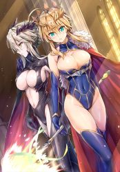 Rule 34 | 2girls, ahoge, armpit cutout, artoria pendragon (fate), artoria pendragon (lancer) (fate), artoria pendragon (lancer alter) (fate), black bodysuit, black leotard, blonde hair, blue gloves, blue leotard, blue thighhighs, blush, bodysuit, braid, breasts, cape, center opening, cleavage, cleavage cutout, clothing cutout, covered navel, cross, crown, dark persona, elbow gloves, fate/grand order, fate (series), french braid, fur-trimmed cape, fur trim, gloves, green eyes, groin, hair between eyes, heattech leotard, holding, holding lance, holding polearm, holding weapon, horns, indoors, koyuki (kotatsu358), lance, large breasts, leotard, light particles, long hair, looking at viewer, multiple girls, navel, parted lips, polearm, red cape, rhongomyniad (fate), sidelocks, skindentation, sunset, swept bangs, thigh cutout, thighhighs, turtleneck, turtleneck bodysuit, underboob, weapon, yellow eyes