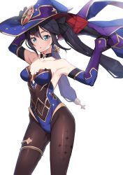 Rule 34 | 1girl, absurdres, anklet, armpits, arms up, bare shoulders, black choker, black hair, blue eyes, blue hat, blue leotard, bow, breasts, brown pantyhose, cape, choker, collarbone, contrapposto, covered navel, detached sleeves, earrings, genshin impact, ginopi, groin, hair bow, hat, highres, holding, jewelry, leotard, long hair, looking at viewer, medium breasts, mona (genshin impact), necklace, pantyhose, parted lips, sidelocks, simple background, solo, standing, strapless, strapless leotard, twintails, white background, witch hat