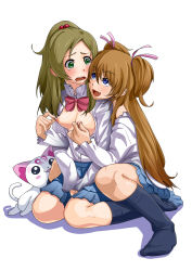 Rule 34 | 10s, 2girls, blue eyes, blush, bow, breasts, brown hair, fang, grabbing, grabbing another&#039;s breast, green eyes, hair bobbles, hair ornament, hair ribbon, half updo, hands on lap, houjou hibiki, hummy (suite precure), long hair, minamino kanade, multiple girls, nipple stimulation, nipple tweak, nipples, open clothes, open mouth, open shirt, pink bow, ponytail, precure, ribbon, school uniform, shirt, simple background, sitting, skirt, smile, suite precure, tears, twintails, two side up, wariza, wavy mouth, white background, yuri, yuuki maya