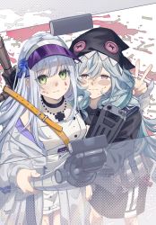 Rule 34 | 2girls, assault rifle, black choker, black hood, black hoodie, blood, blood on clothes, blood on face, blood on ground, blue hair, breasts, bullpup, camera, caseless firearm, choker, closed mouth, commentary, cross, cross necklace, dress, feet out of frame, g11 (dragon jr.) (girls&#039; frontline), g11 (girls&#039; frontline), girls&#039; frontline, green eyes, gun, gun on back, h&amp;k g11, h&amp;k hk416, highres, hk416 (girls&#039; frontline), holding, holding camera, holding gun, holding weapon, hood, hoodie, jacket, jewelry, light blue hair, lips, long hair, long sleeves, looking at viewer, medium breasts, multiple girls, necklace, official alternate costume, open clothes, open jacket, purple eyes, rabb horn, rifle, shell casing, simple background, smile, standing, suppressor, teardrop facial mark, teardrop tattoo, v, visor cap, weapon, weapon on back, white dress, white jacket