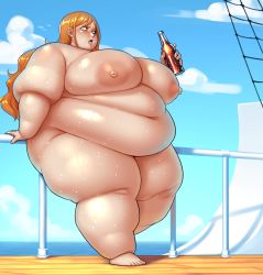 Rule 34 | 1girl, blush, breasts, brown eyes, fat, highres, huge breasts, long hair, nami (one piece), nipples, nude, obese, one piece, open mouth, orange hair, solo, standing, sweat, tongue