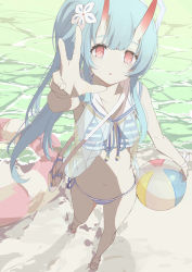 Rule 34 | 1girl, alternate costume, alternate hairstyle, ball, beachball, bikini, blue archive, breasts, chise (blue archive), chise (swimsuit) (blue archive), eyes visible through hair, flower, hair between eyes, hair flower, hair ornament, halo, hands up, highres, horns, long hair, looking at viewer, momiji oroshi, multicolored clothes, multicolored swimsuit, ocean, oni horns, red eyes, red horns, sand, sandals, side ponytail, simple background, small breasts, solo, string bikini, swimsuit