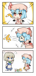Rule 34 | &gt;:d, &gt;:o, &gt; &lt;, 2girls, 3koma, :d, :o, puff of air, > <, apron, arm up, ascot, bat wings, blouse, blue eyes, blue hair, boomerang, bow, bowtie, brooch, chibi, closed eyes, comic, detached wings, dress shirt, fang, female focus, flower, gloom (expression), hand on own hip, hat, hip focus, izayoi sakuya, jewelry, leaf, lily (flower), looking at another, looking at viewer, maid headdress, multiple girls, o o, open mouth, red eyes, remilia scarlet, scolding, shirt, short hair, short sleeves, silent comic, silver hair, simple background, skirt, smile, spill, standing, tears, throwing, touhou, umi suzume, v-shaped eyebrows, vase, vest, wings, xd