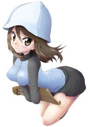Rule 34 | 1girl, arched back, bad id, bad twitter id, blue hat, blue jacket, blue skirt, breasts, brown eyes, brown hair, closed mouth, commentary, daxz240r, emblem, full body, girls und panzer, grey socks, hat, highres, instrument, jacket, kantele, keizoku military uniform, leaning forward, long hair, long sleeves, looking at viewer, medium breasts, mika (girls und panzer), military, military uniform, miniskirt, pleated skirt, raglan sleeves, simple background, skirt, smile, socks, solo, track jacket, uniform, v arms, white background