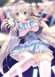 Rule 34 | 1girl, blue eyes, breasts, dress, grey hair, highres, large breasts, long hair, microphone, moe2016, mutsuno hekisa, no bra, no panties, no pussy, original, outstretched hand, pussy juice, see-through, smile, solo, thighhighs, twintails, underbust, upskirt, vest, wet, wet clothes, white thighhighs