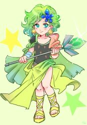 Rule 34 | 1girl, blue eyes, cape, closed mouth, earrings, final fantasy, final fantasy iv, full body, green hair, hair ornament, jewelry, long hair, looking at viewer, rydia (ff4), sa kichi, smile, solo
