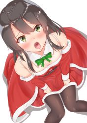 Rule 34 | 1girl, absurdres, belt, black hair, black pantyhose, blush, breasts, coat, detached collar, dress, from above, fur trim, green eyes, green neckwear, hair ornament, hairclip, highres, kantai collection, long hair, long sleeves, open mouth, oyashio (kancolle), pantyhose, red coat, red dress, santa costume, shadow, sidelocks, simple background, small breasts, solo, white background, zuki