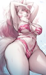 Rule 34 | 1girl, absurdres, animal ears, animal nose, armpits, arms up, bikini, blue eyes, breasts, closed mouth, furry, furry female, hair between eyes, heart, heart tattoo, highres, large breasts, long hair, looking at viewer, multicolored hair, original, pink bikini, pink hair, pubic tattoo, snout, solo, suurin (ksyaro), swimsuit, tail, tattoo, thick thighs, thighs, twitter username, two-tone hair, wet, white fur, white hair