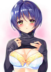Rule 34 | 1girl, aomi-chan (bucchake), blue hair, blush, bow, bow bra, bra, breasts, bucchake (asami), clothes lift, lifted by self, looking at viewer, medium breasts, original, parted lips, ribbed sweater, short hair, sleeves past wrists, solo, sweater, sweater lift, turtleneck, turtleneck sweater, underwear, upper body, white bra, yellow bow, yellow eyes