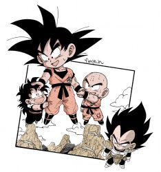 Rule 34 | +, 4boys, :d, armor, arms at sides, bald, black eyes, black hair, boots, chibi, child, clothes grab, clothes writing, cloud, cloudy sky, commentary request, dougi, dragon ball, dragonball z, excited, expressionless, father and son, fenyon, floating, flying sweatdrops, frown, full body, gloves, hand on another&#039;s head, happy, headpat, holding hands, kuririn, looking at another, looking down, looking up, male focus, mountain, multiple boys, nature, open mouth, outdoors, shaded face, sky, smile, son gohan, son goku, spiked hair, sweat, sweatdrop, tired, torn clothes, twitter username, vegeta, white gloves, wristband