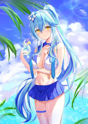 Rule 34 | 1girl, absurdres, ahoge, bikini, bikini skirt, blue hair, blush, breast hold, breasts, cleavage, cloud, cloudy sky, commentary request, cup, day, flower, hair between eyes, hair flower, hair ornament, heart, heart ahoge, highres, holding, holding cup, hololive, large breasts, light rays, long hair, looking at viewer, navel, ocean, outdoors, palm leaf, pointy ears, ponytail, sidelocks, sky, smile, solo, swimsuit, thigh strap, tonasegaill, tropical drink, virtual youtuber, white bikini, yellow eyes, yukihana lamy