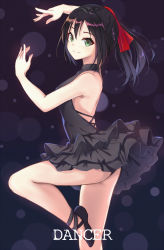 Rule 34 | 1girl, arm up, ass, backless dress, backless outfit, ballet, black skirt, breasts, closed mouth, dancer, dancing, dress, green eyes, halterneck, hand up, highres, itachi kanade, knee up, long hair, looking at viewer, medium breasts, original, ponytail, sidelocks, skirt, sleeveless, sleeveless dress, smile, solo, thighs, tutu